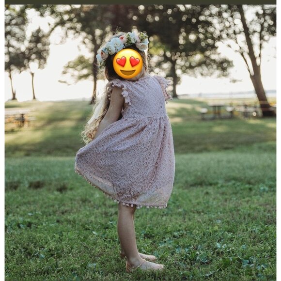 🆕Toddler Girls Pink Cotton Lace Floral Pompoms Elegant Retro Swing Party Dress - Picture 7 of 9